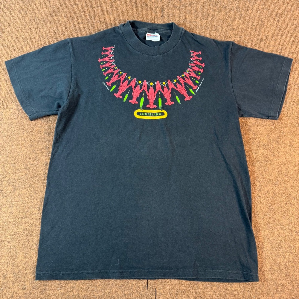 A- Vintage 1989 Hanes Heavyweight Louisiana Crawfish T-Shirt Black Mens Medium